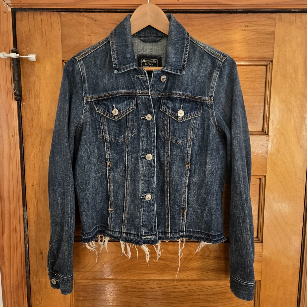 Abercrombie & Fitch Jean Jacket Womens Size S Blue Dark Wash Frayed Hem Buttons - Picture 5 of 11